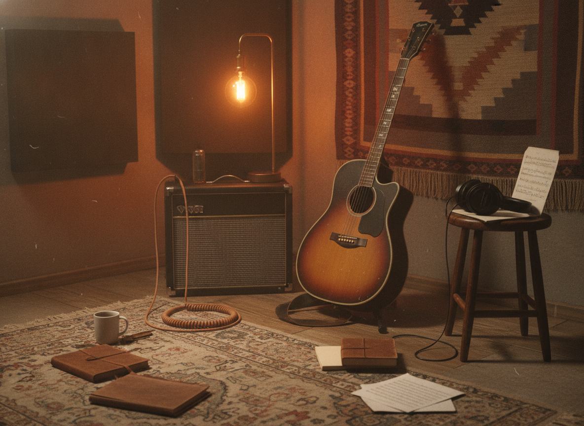 A warm dimly lit recording studio corner with an acoustic guitar leaning against an amplifier under amber light