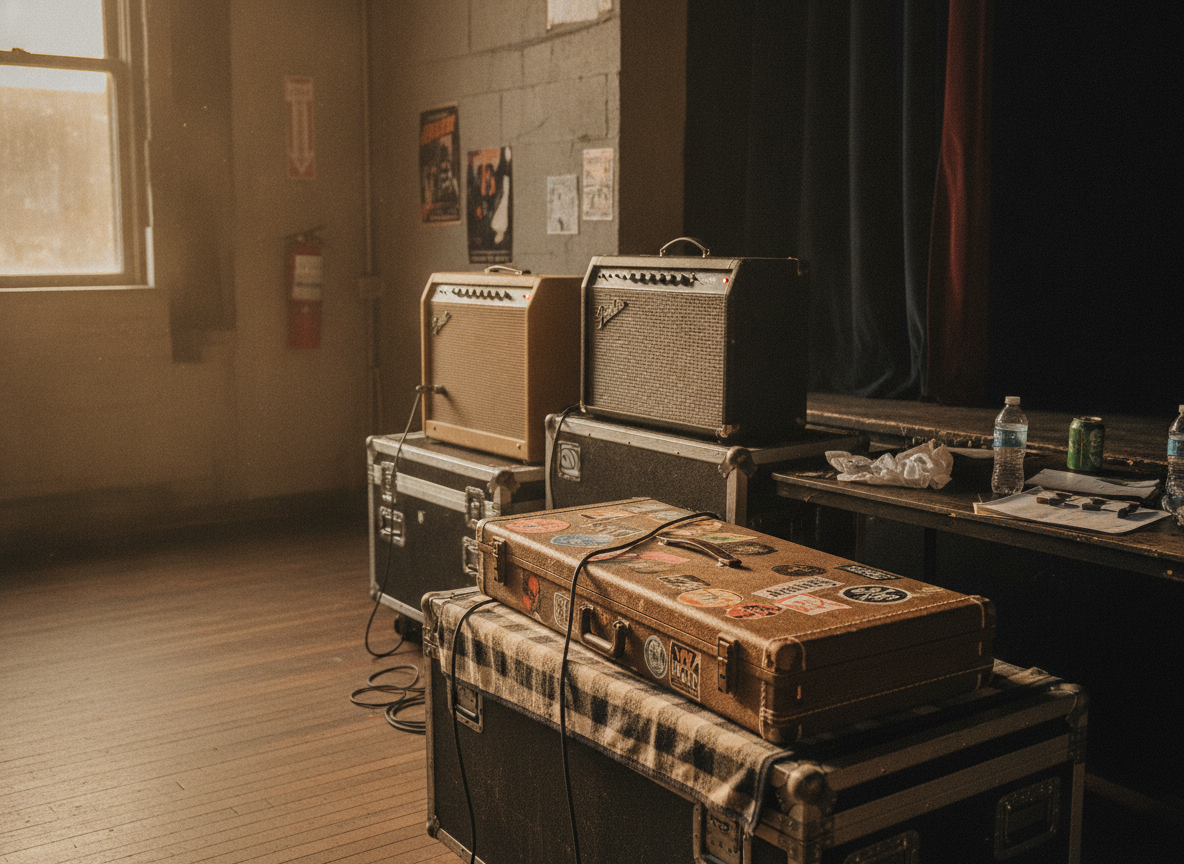 Vintage amplifiers and a guitar case backstage in warm golden-hour light