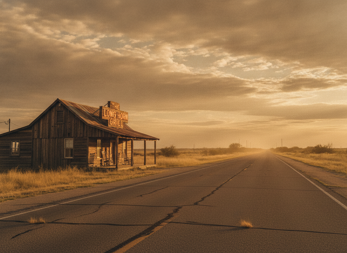 A weathered Texas roadhouse and open highway under a wide dusty golden sky