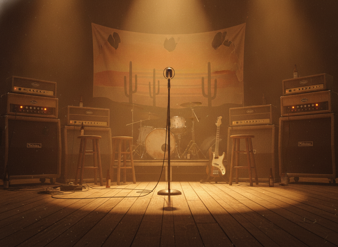 A warm country-rock stage bathed in golden light with amplifiers and a single microphone stand