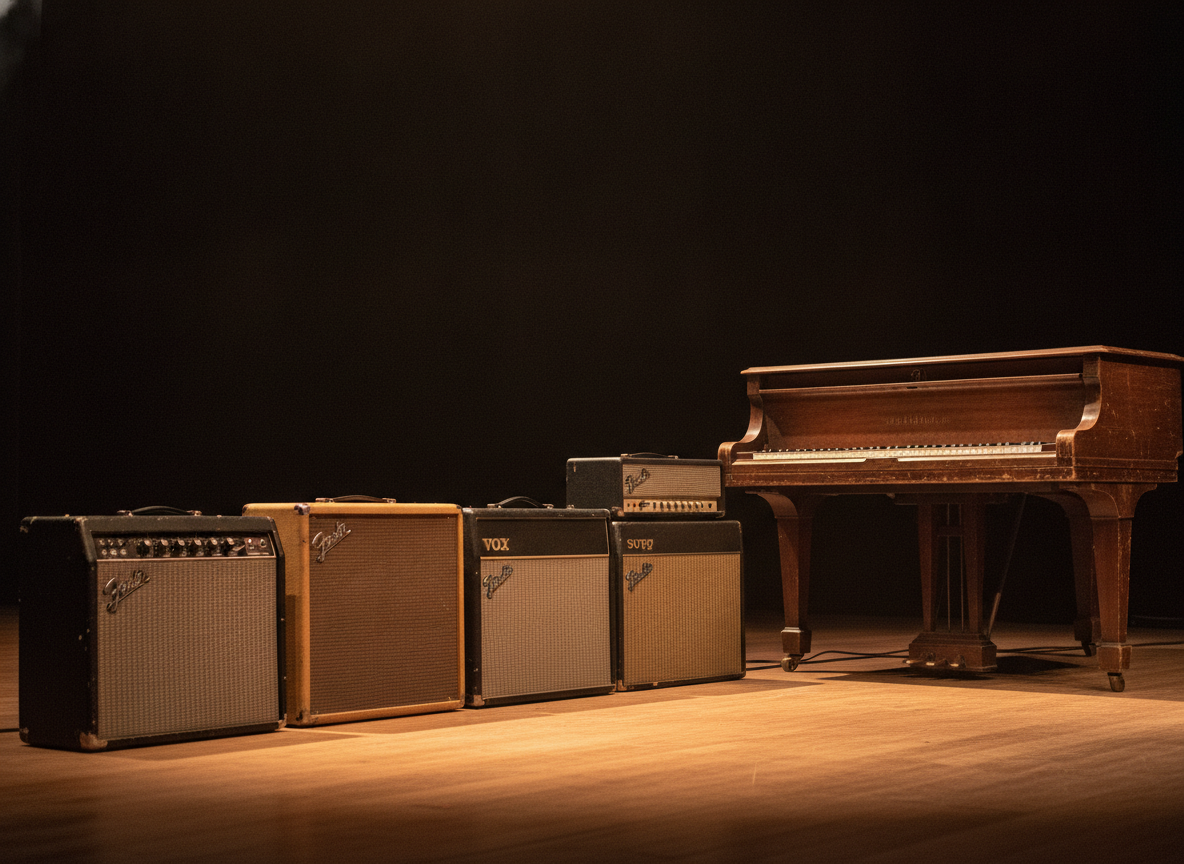 A row of vintage guitar amplifiers and a piano bathed in warm stage light against a dark backdrop