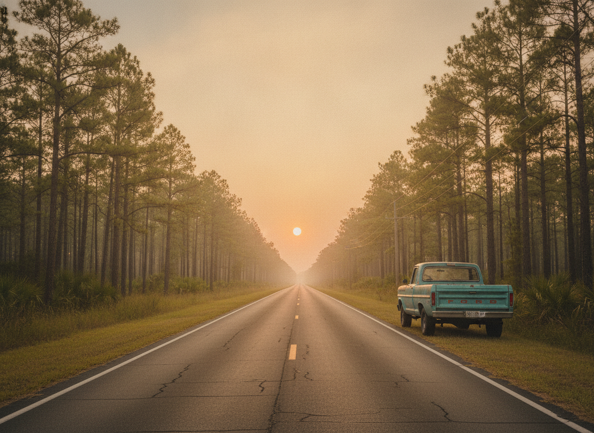 A two-lane blacktop road running through flat Florida pine country under a hazy warm sky
