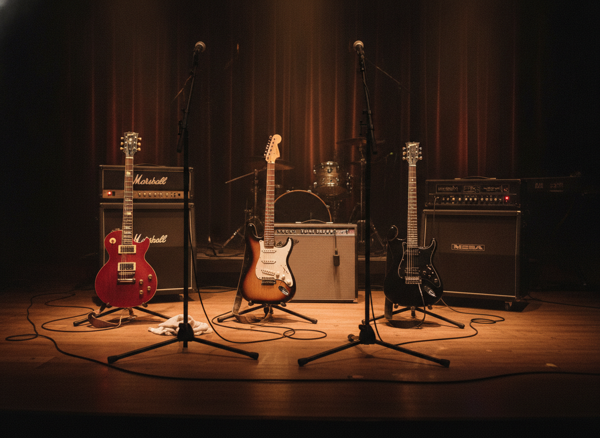 Three electric guitars and amplifiers arranged across a dim stage under warm amber light