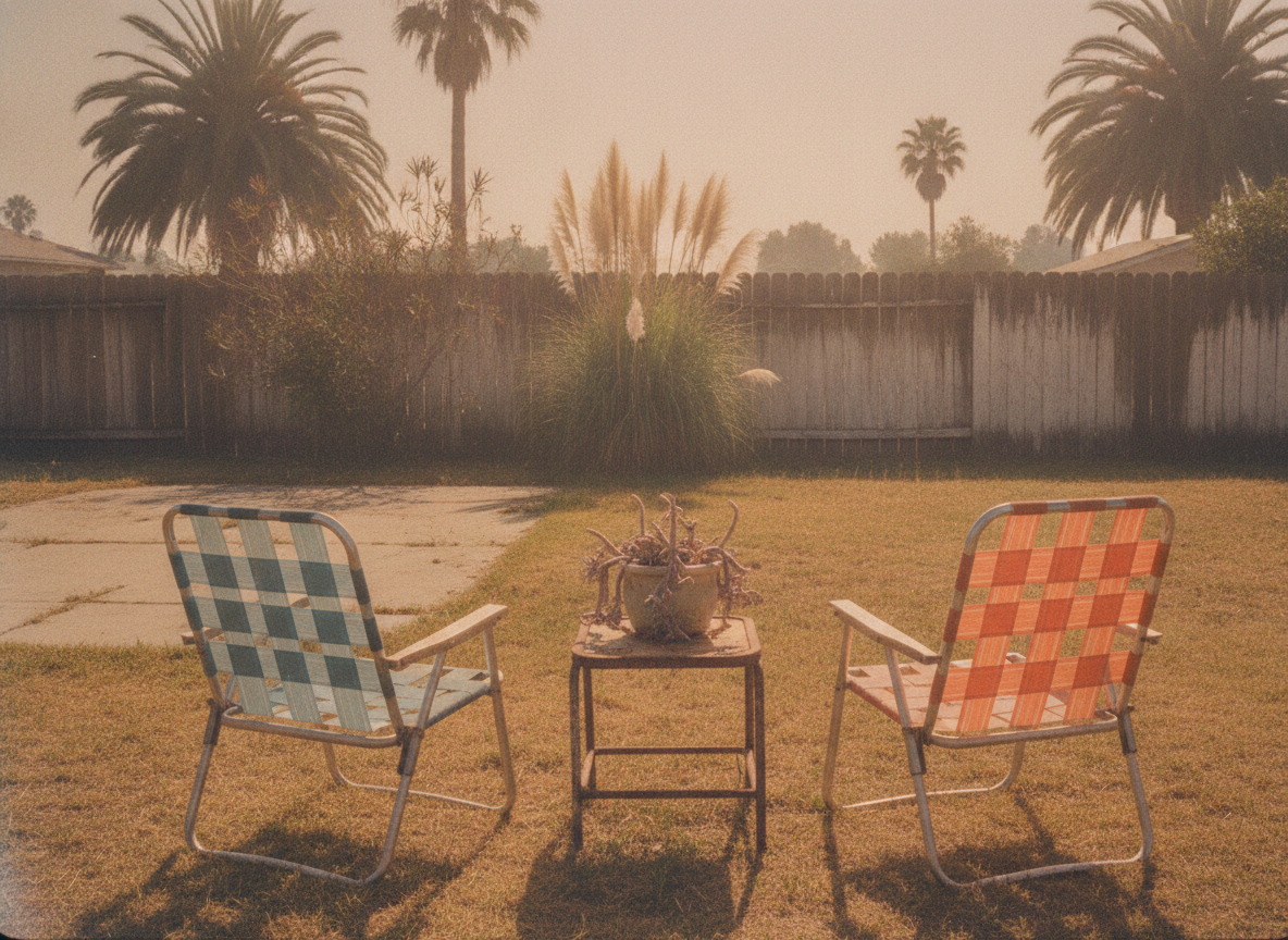 A sun-bleached Southern California backyard with faded lawn chairs and hazy light, no people present