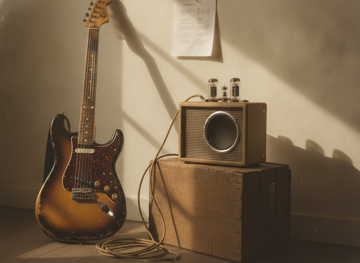 A vintage electric guitar and a small tube amplifier in warm faded light against a plain wall, no people