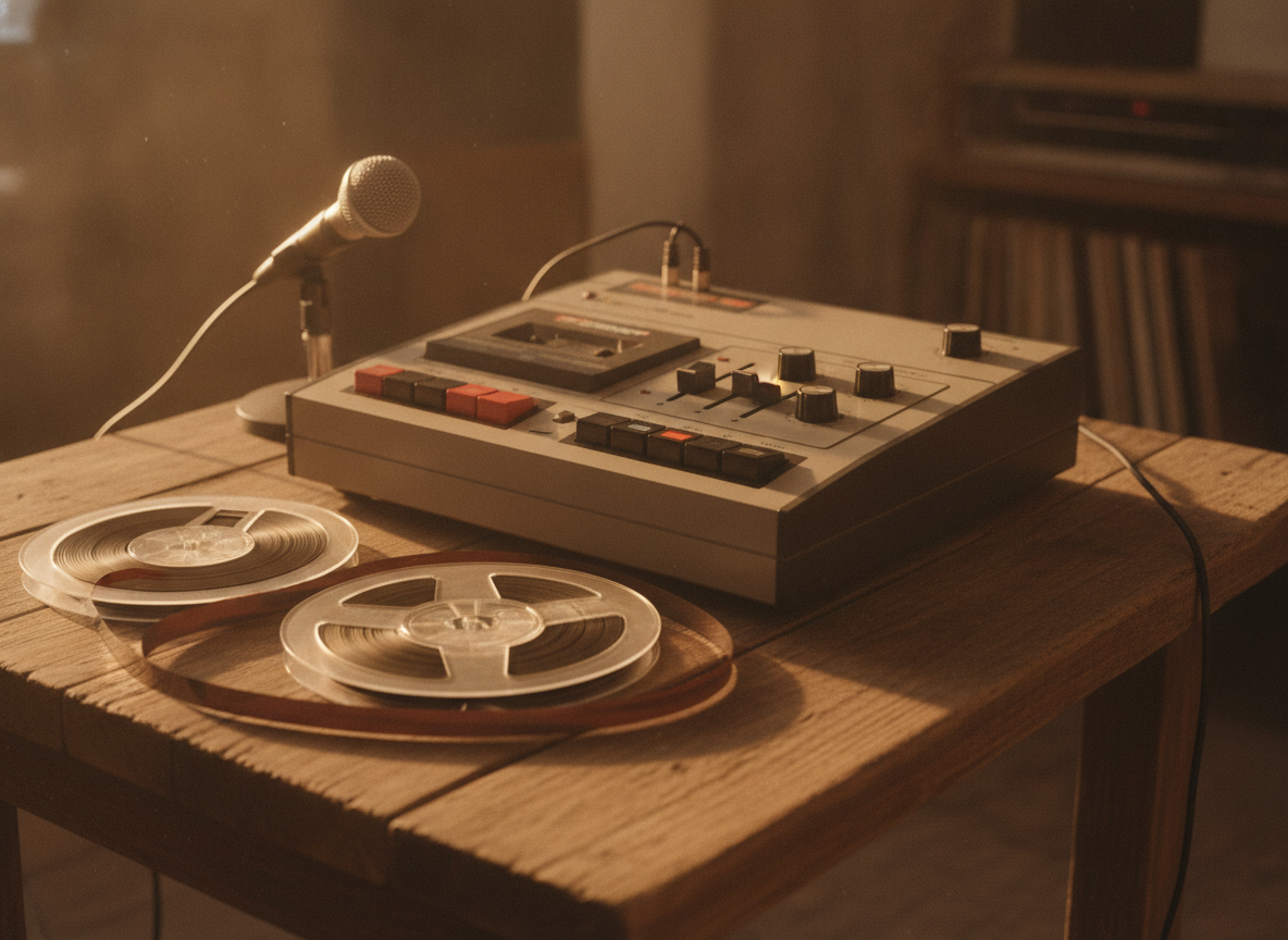 A vintage cassette four-track recorder and reels in warm faded light on a wooden table, no people