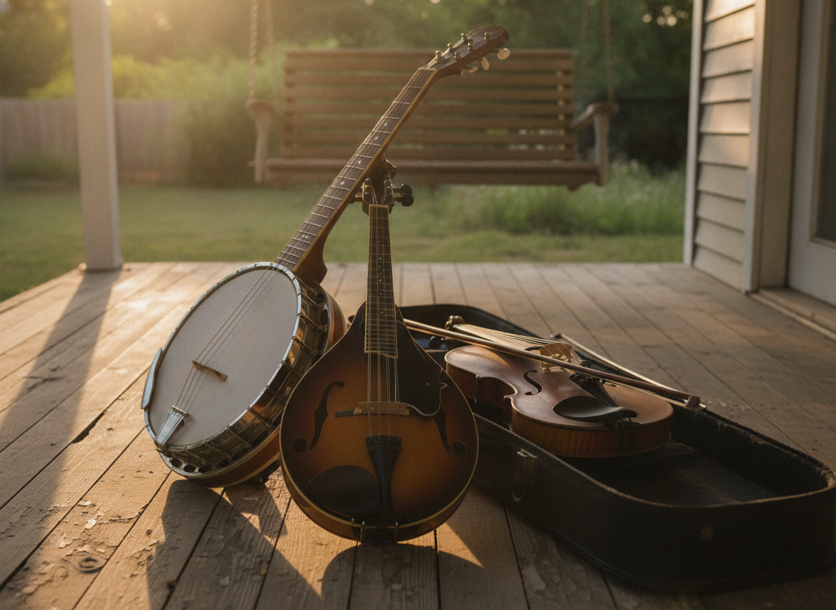 A banjo, mandolin, and fiddle resting together on a wooden porch in warm afternoon light