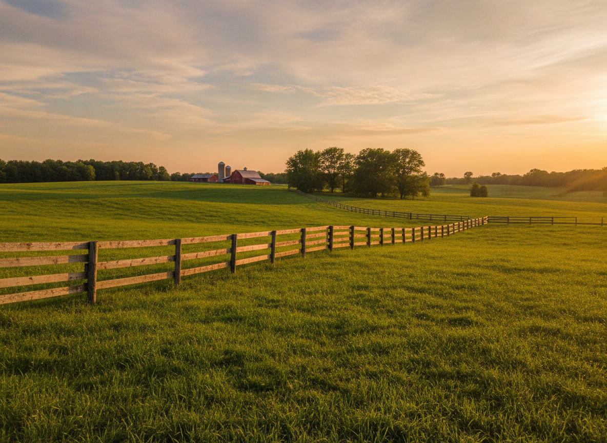 Rolling green pasture and rail fence under a wide sky in soft golden light