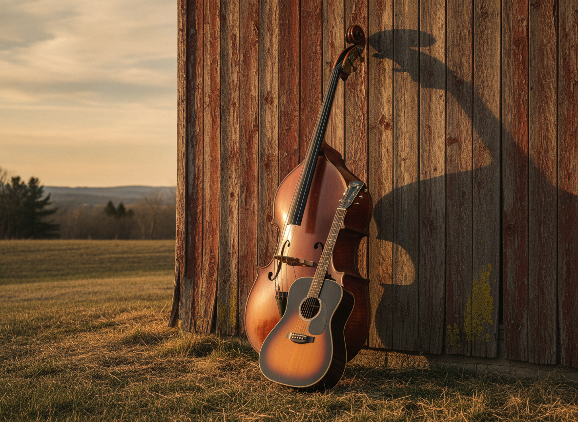 An upright bass and acoustic guitar leaning against a weathered barn wall in warm light