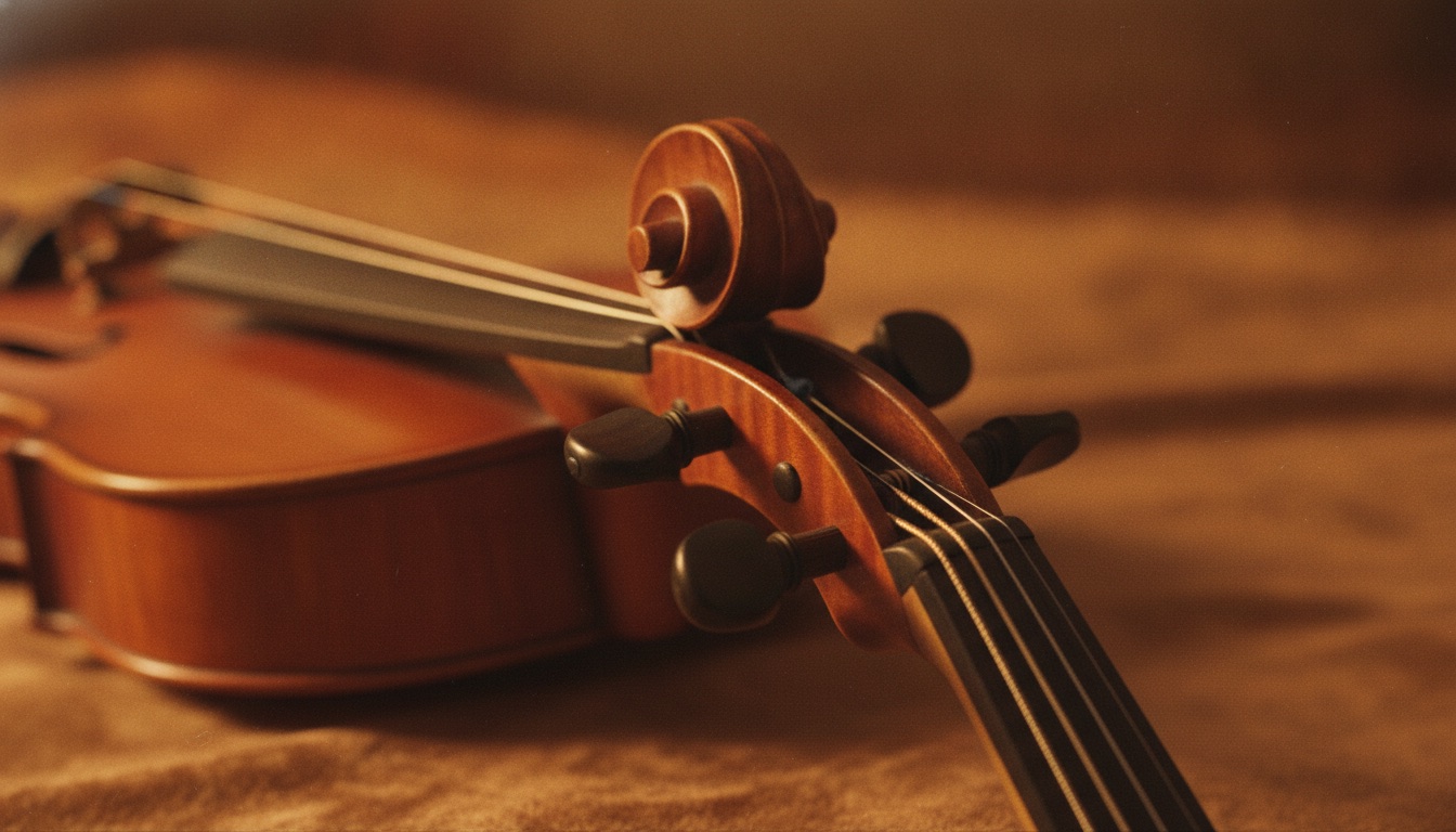 Close-up of the scroll, pegs, and strings of a fine violin in warm dramatic light