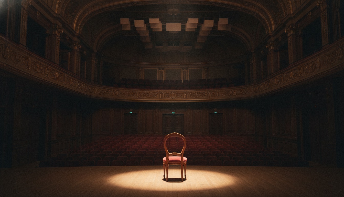 An elegant empty concert hall stage with a single chair and warm spotlight
