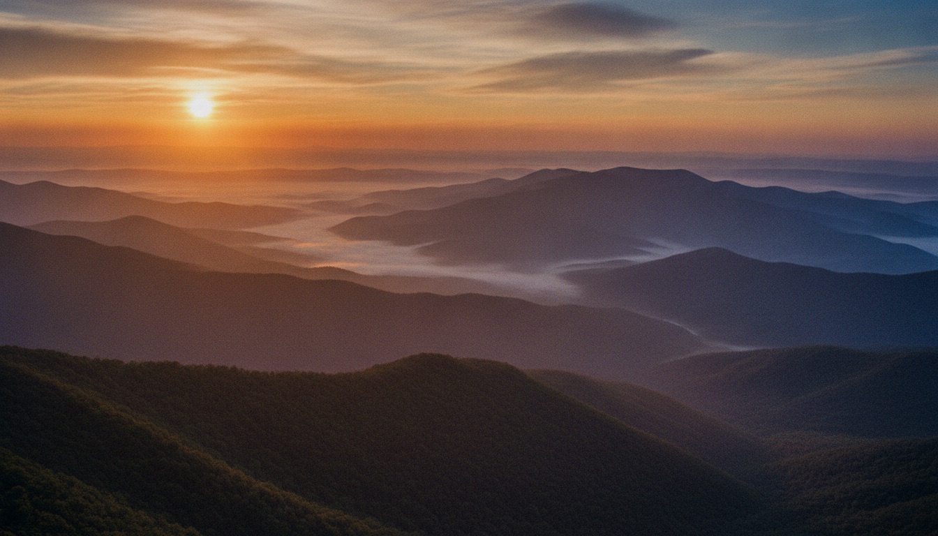 Blue Ridge Appalachian mountains at golden hour with layered ridgelines and mist
