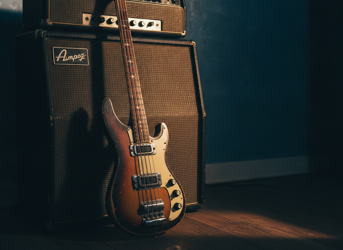A vintage electric bass guitar resting against an amplifier in warm gold light and deep blue shadow, no people
