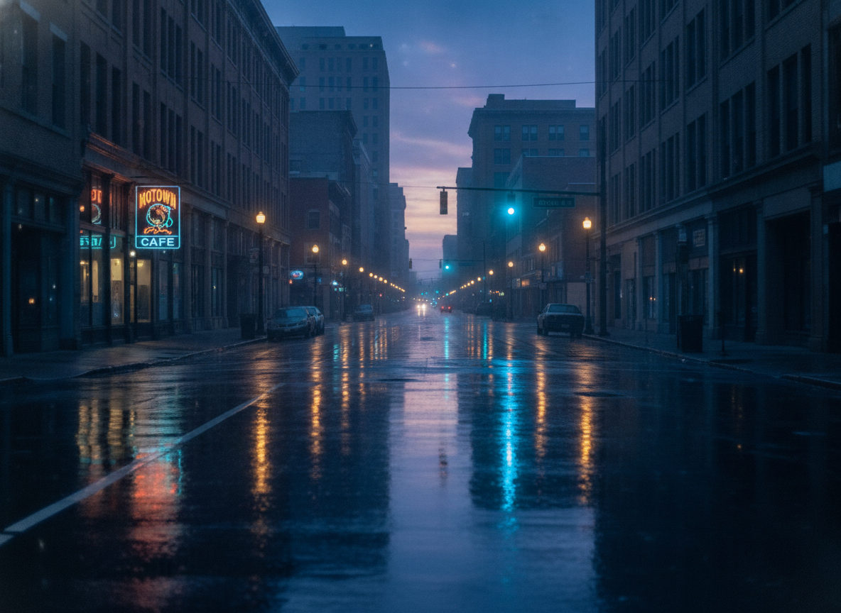 A rain-slicked Detroit street at dusk lit in deep blue and gold light, no people
