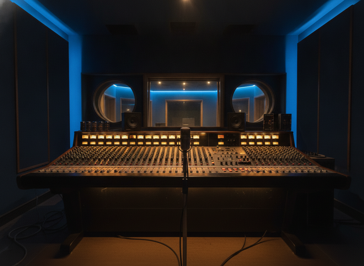 A vintage recording studio console and ribbon microphone lit in warm gold and deep blue, no people