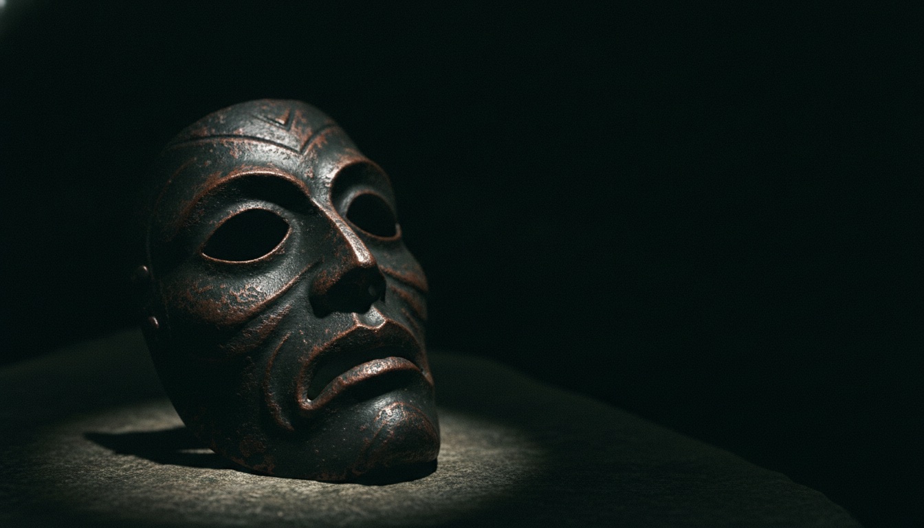 A weathered metallic mask resting in dramatic low light against deep green-black shadow, mysterious
