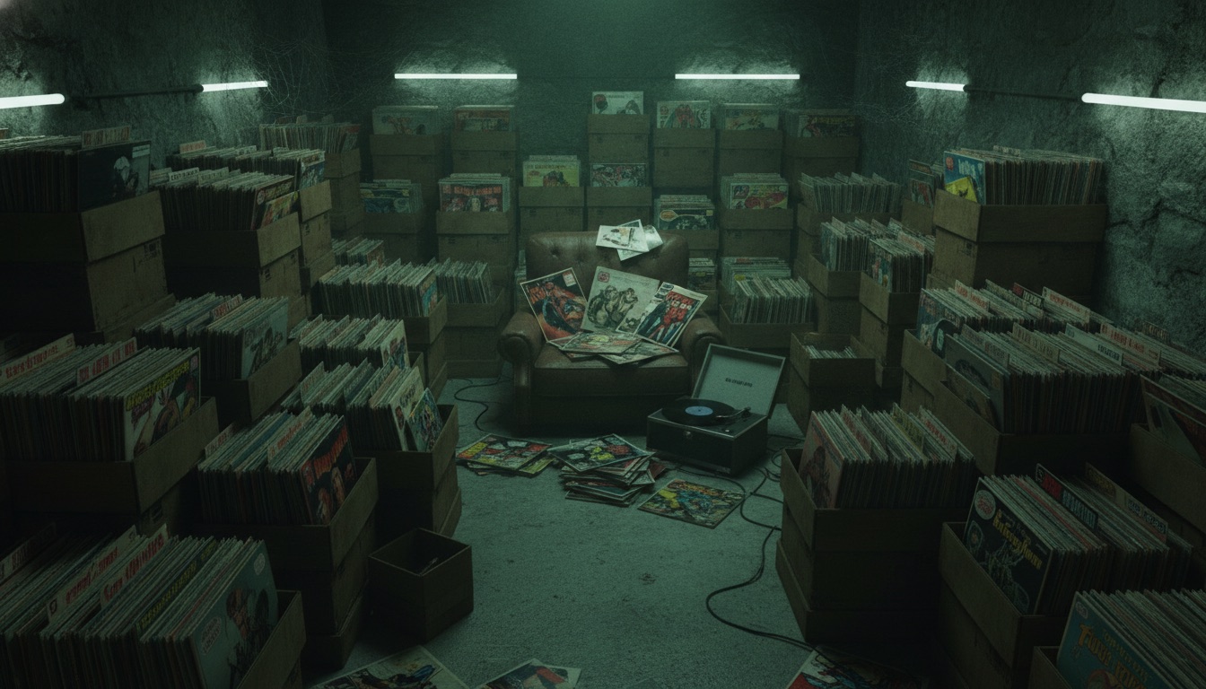 A dim room with stacks of old vinyl and comic books under moody green light, an underground lair