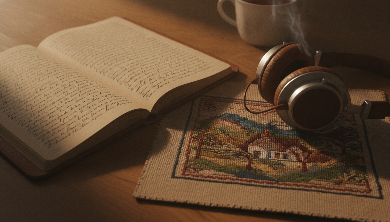 An open notebook covered in dense handwriting beside a sampler and headphones in warm low light