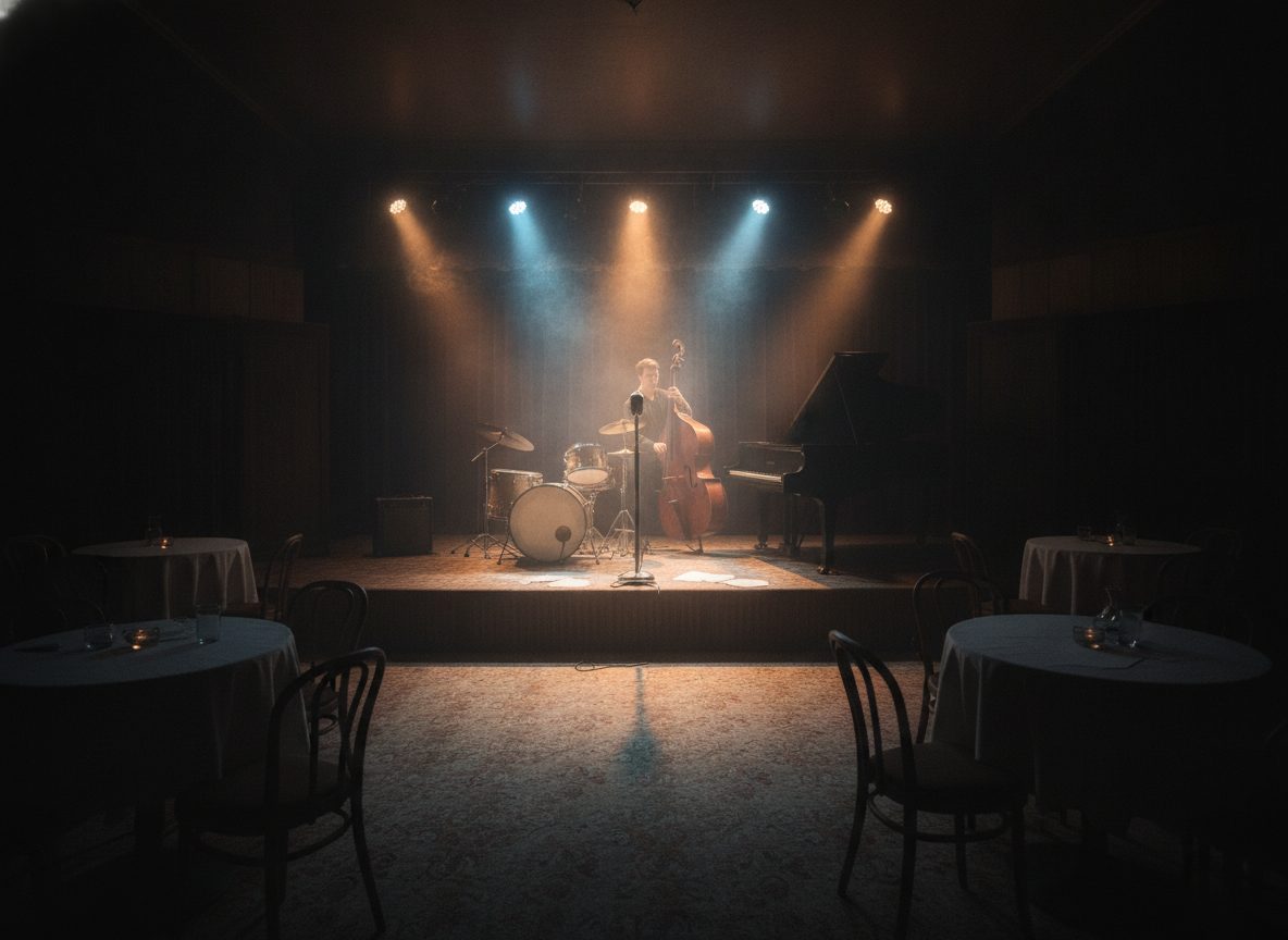 A smoky midnight jazz club interior in cool blue and amber light with an empty bandstand
