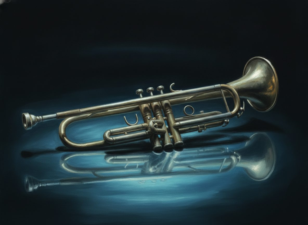 A muted trumpet resting in a pool of cool blue light against deep shadow