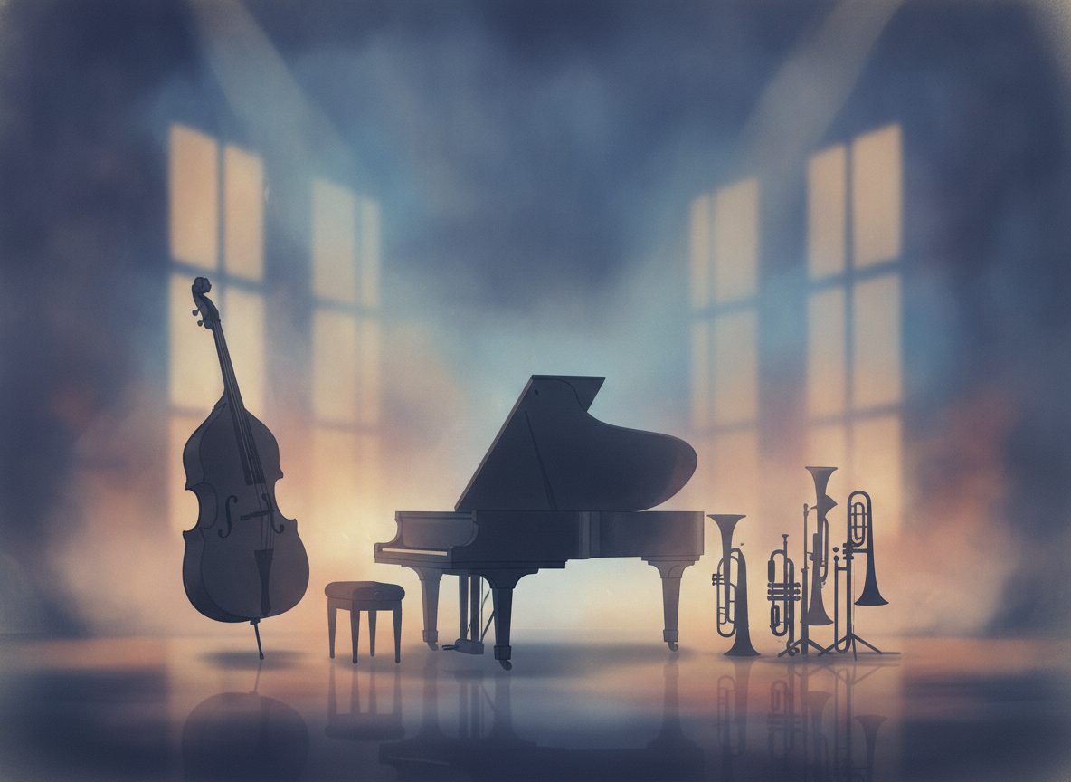 An abstract midnight recording session scene with silhouetted instruments in cool blue and warm amber haze