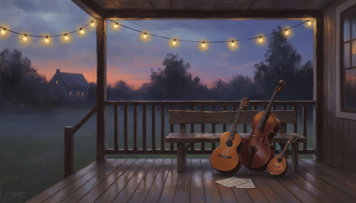 A string of warm cafe lights over a wooden back porch at dusk with acoustic instruments resting on a bench