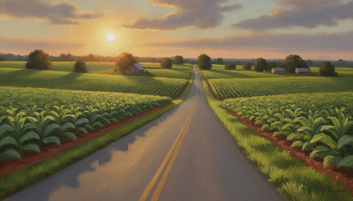 A two-lane country road running through green North Carolina tobacco fields at golden hour
