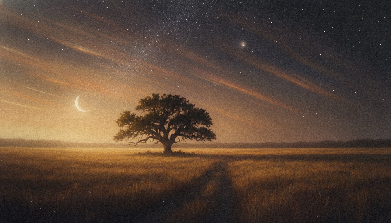 A deep starry night sky over a quiet southern field with a lone tree