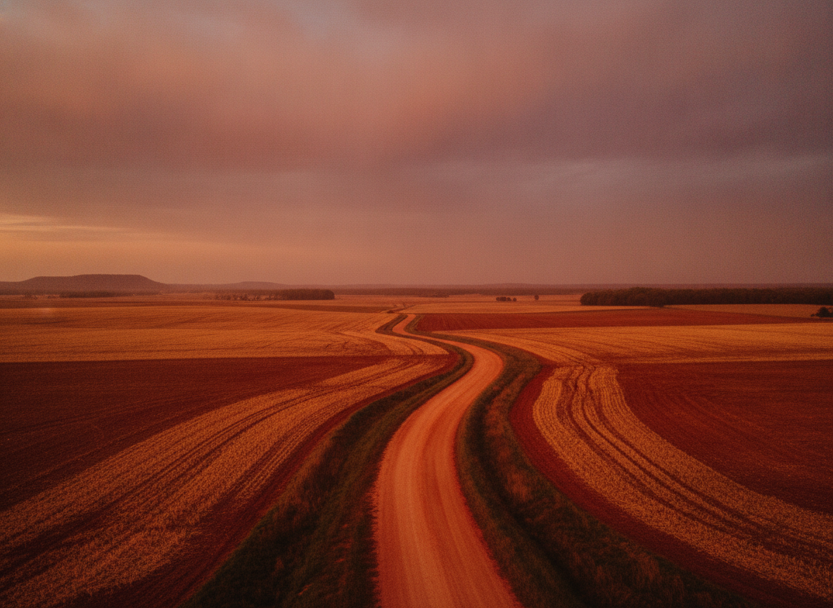 Flat North Mississippi farmland and a red dirt road under a wide dusty sky at dusk