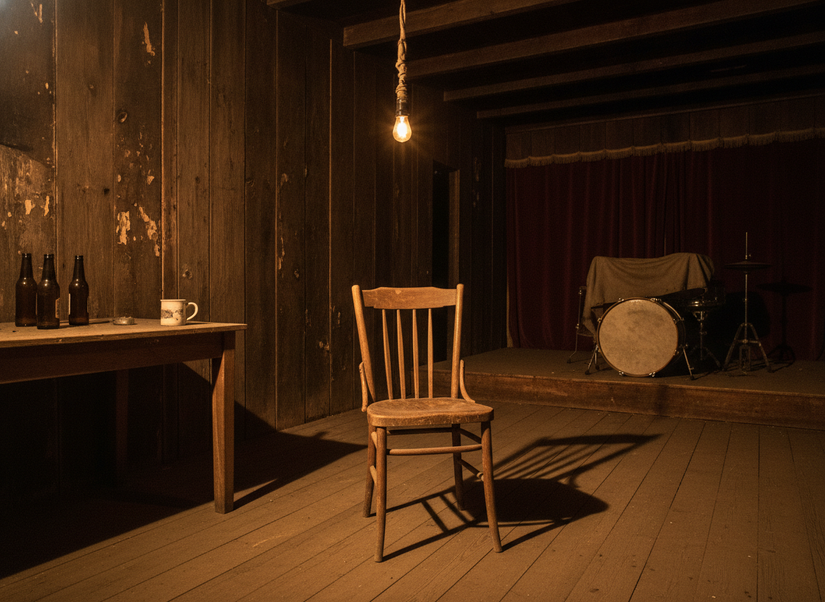 A dim rural juke joint interior with a single wooden chair and warm amber light against dark board walls