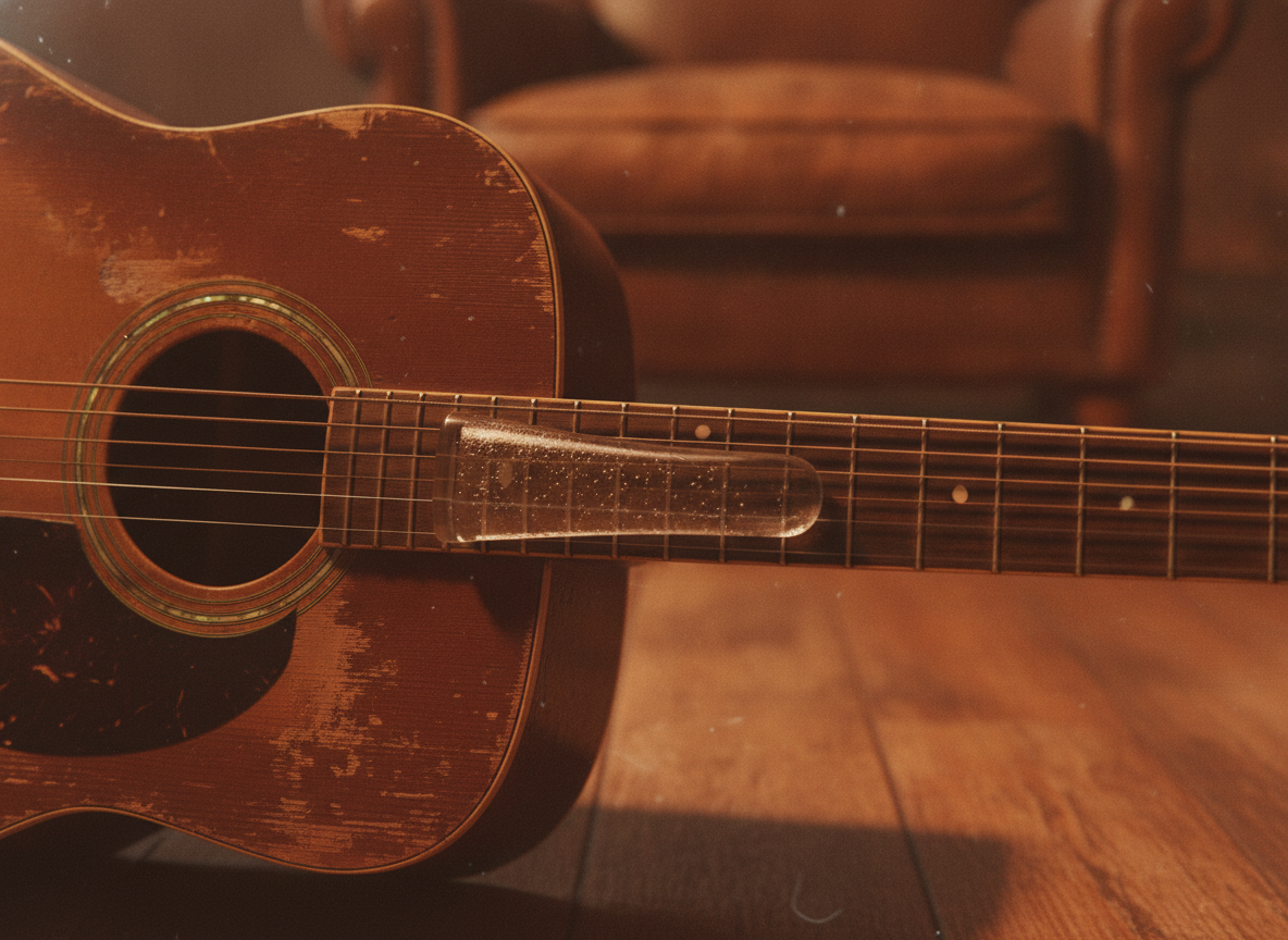 A weathered acoustic guitar with a glass bottleneck slide resting on the strings in warm clay-red light