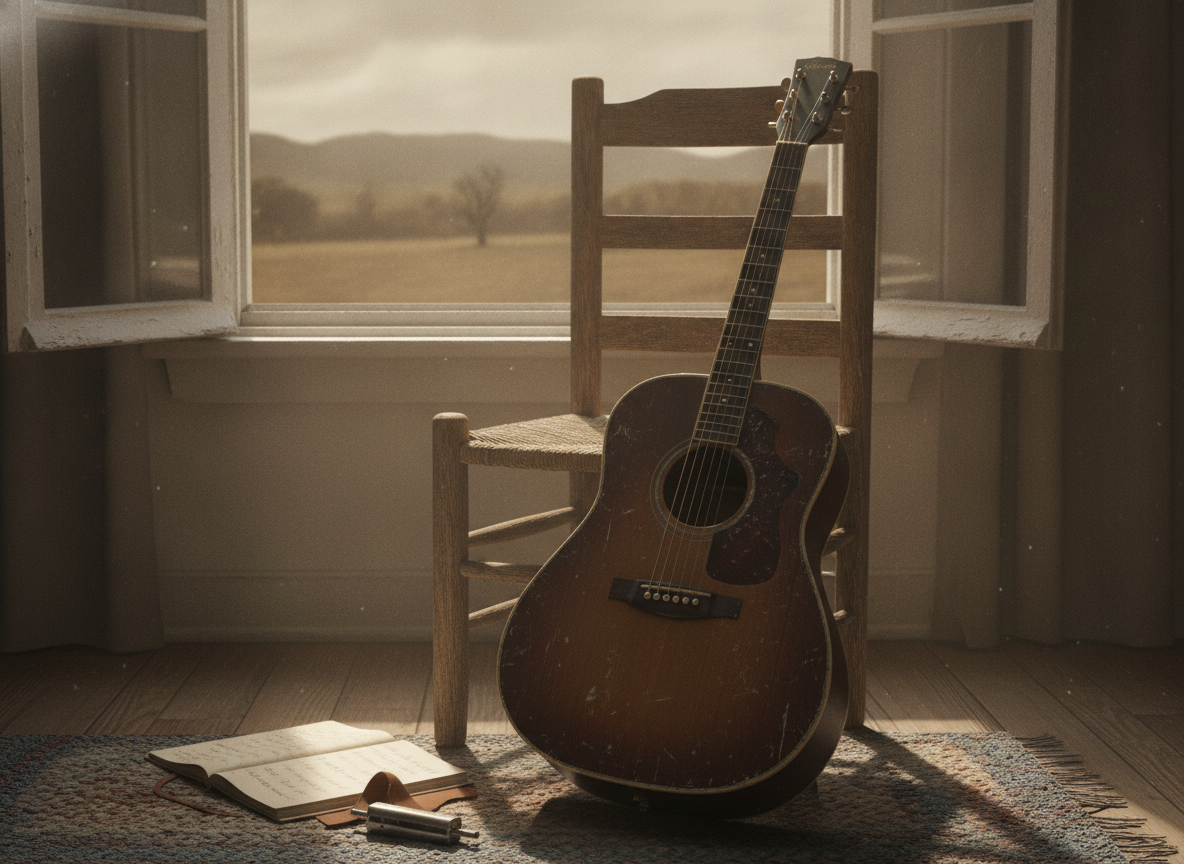 A well-worn acoustic guitar resting on a wooden chair beside an open window, soft sepia light
