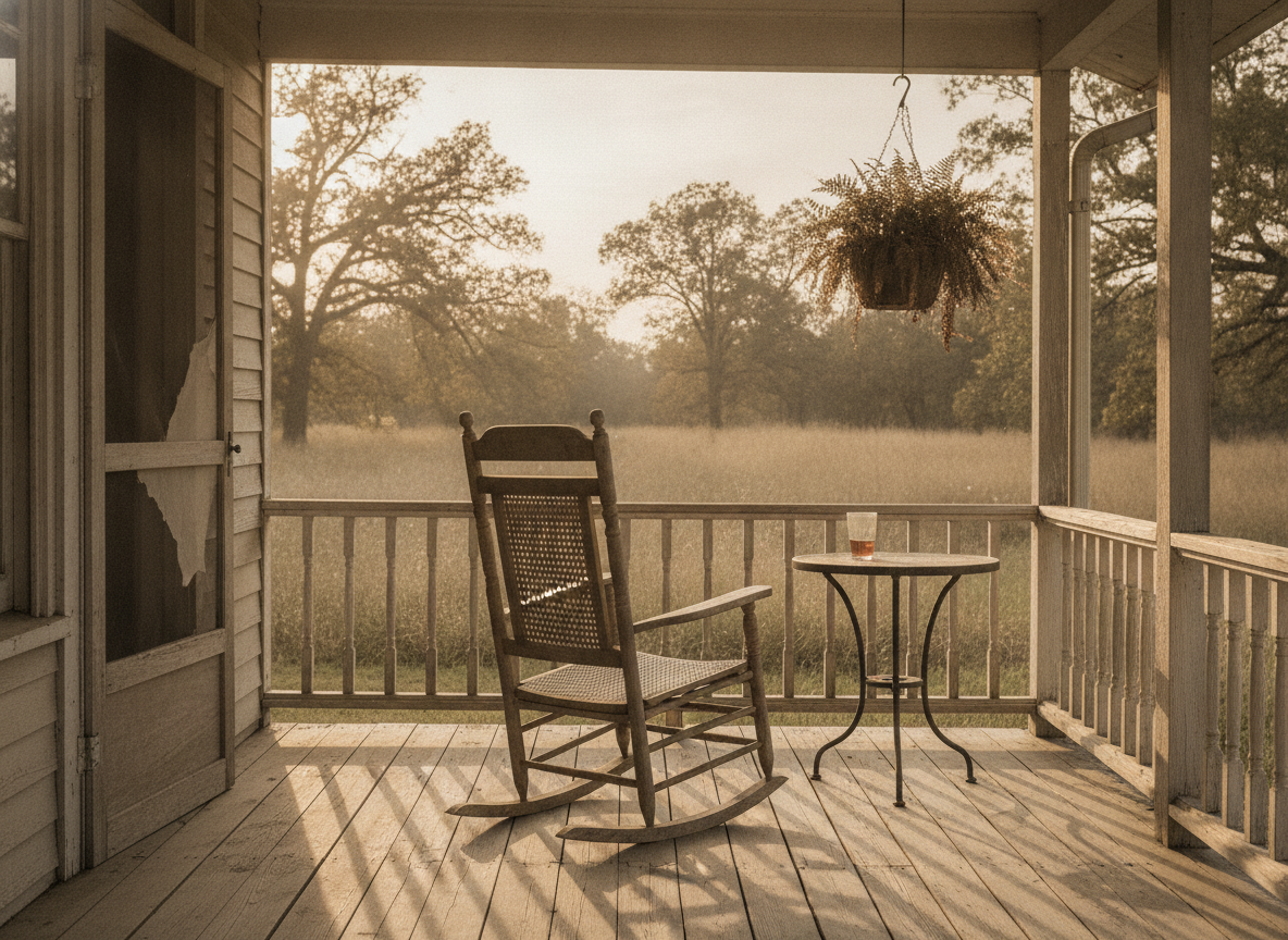A weathered wooden farmhouse porch in rural Mississippi under warm late-afternoon light