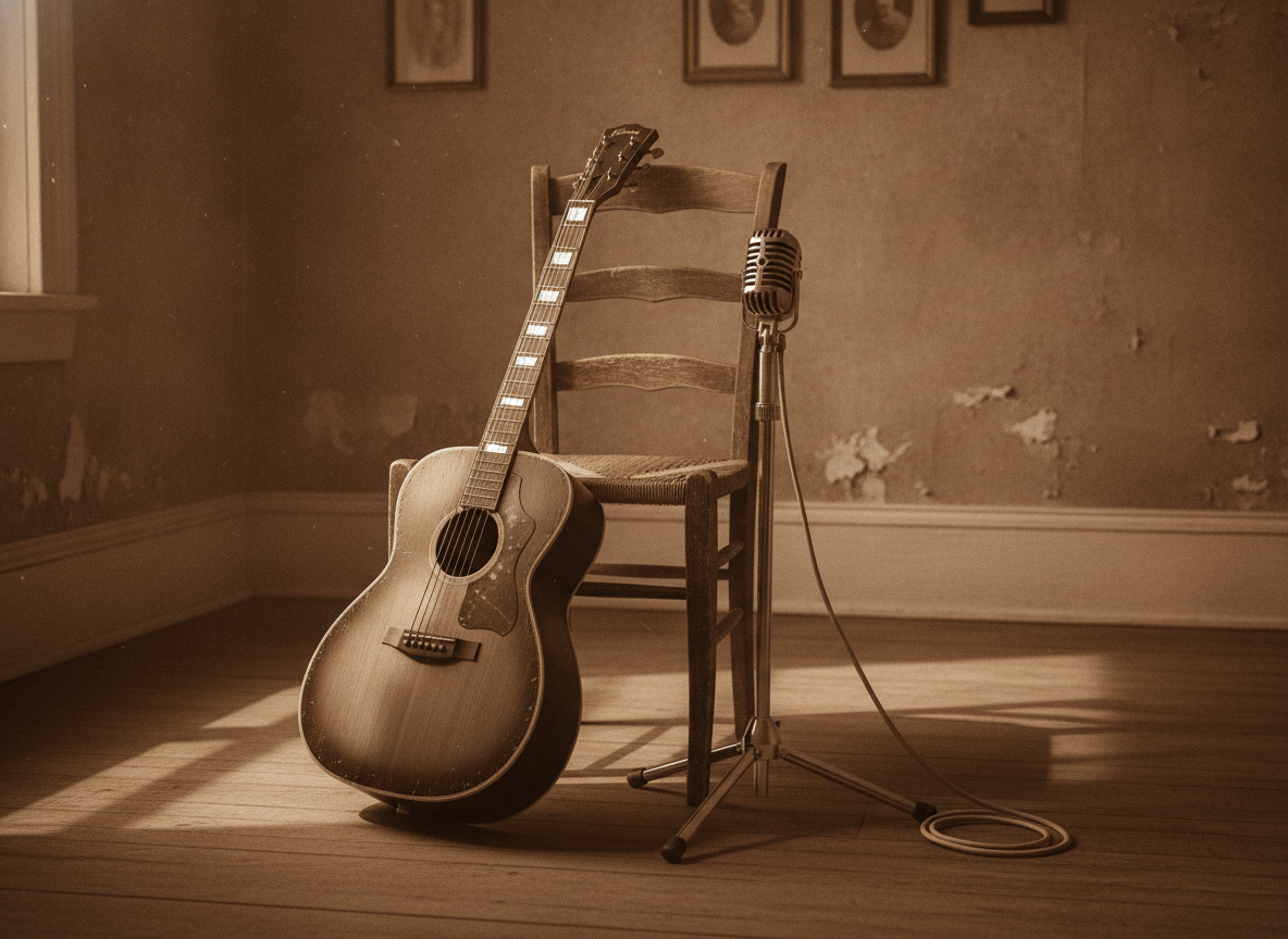 A sepia-toned still life of an acoustic guitar, an old chair, and a vintage microphone in warm light