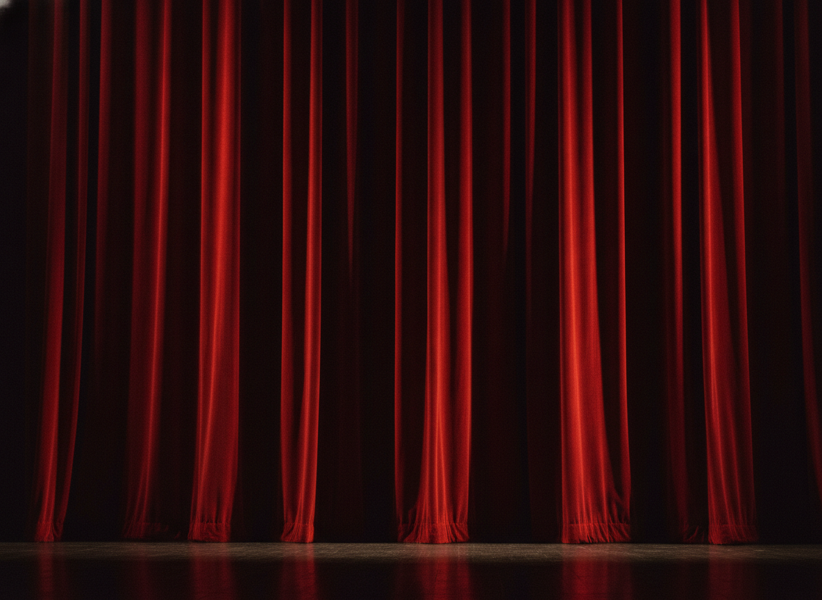 A heavy crimson stage curtain lit from the side, folds falling into deep shadow