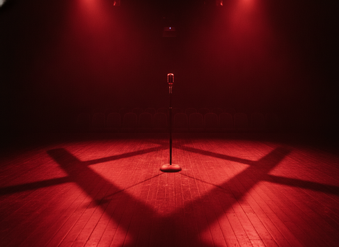 An empty theater stage washed in deep red light with a single microphone stand and dramatic shadows