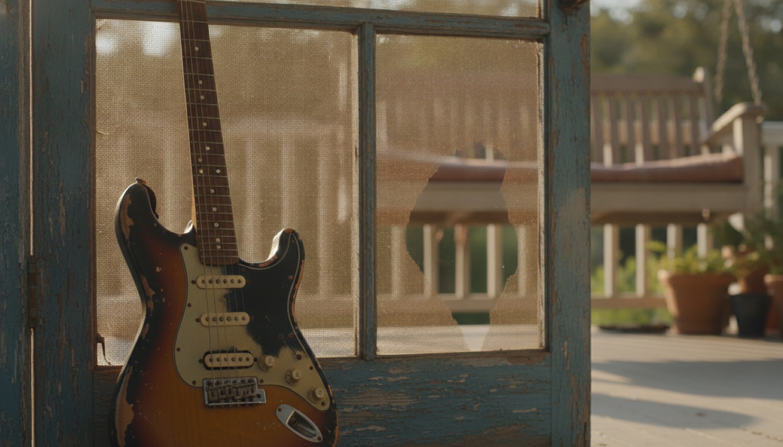 A worn electric guitar leaning against a screen door in soft afternoon light