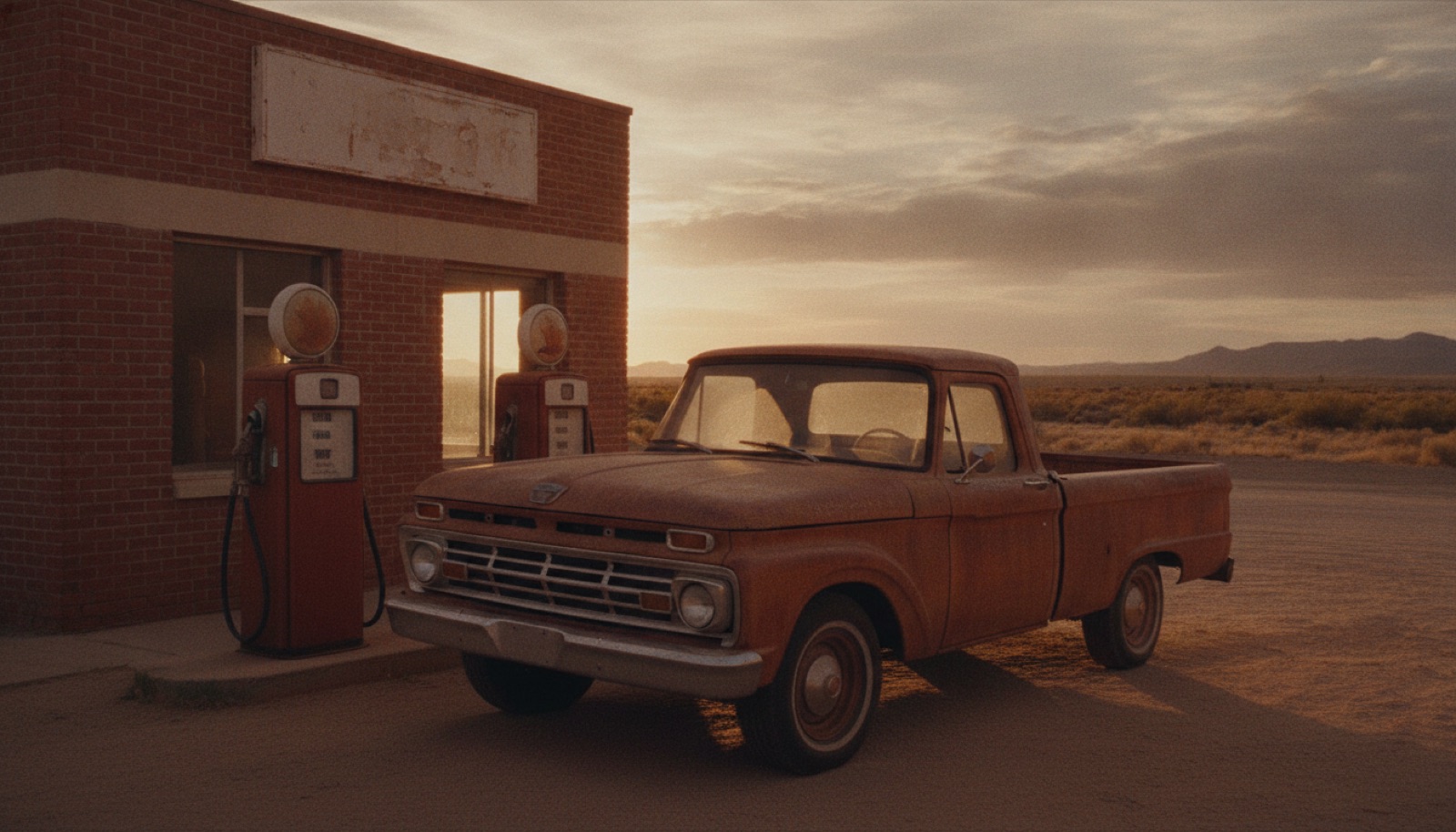 A dusty pickup truck parked outside a small-town gas station at golden hour