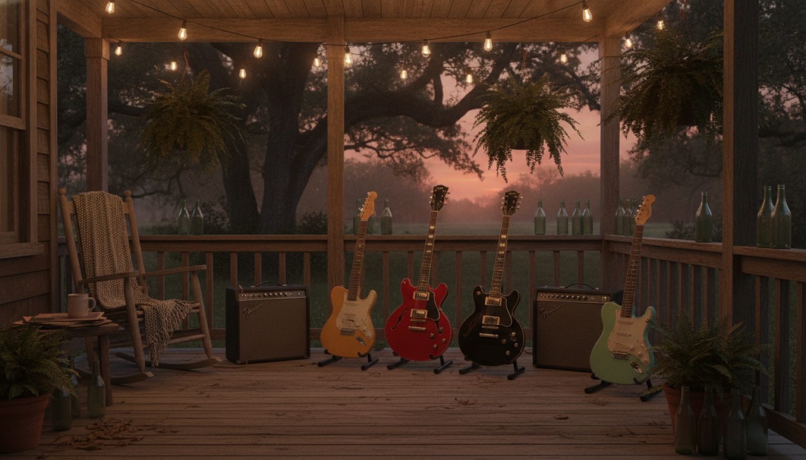 A row of guitars and amps set up on a wooden porch under string lights at dusk