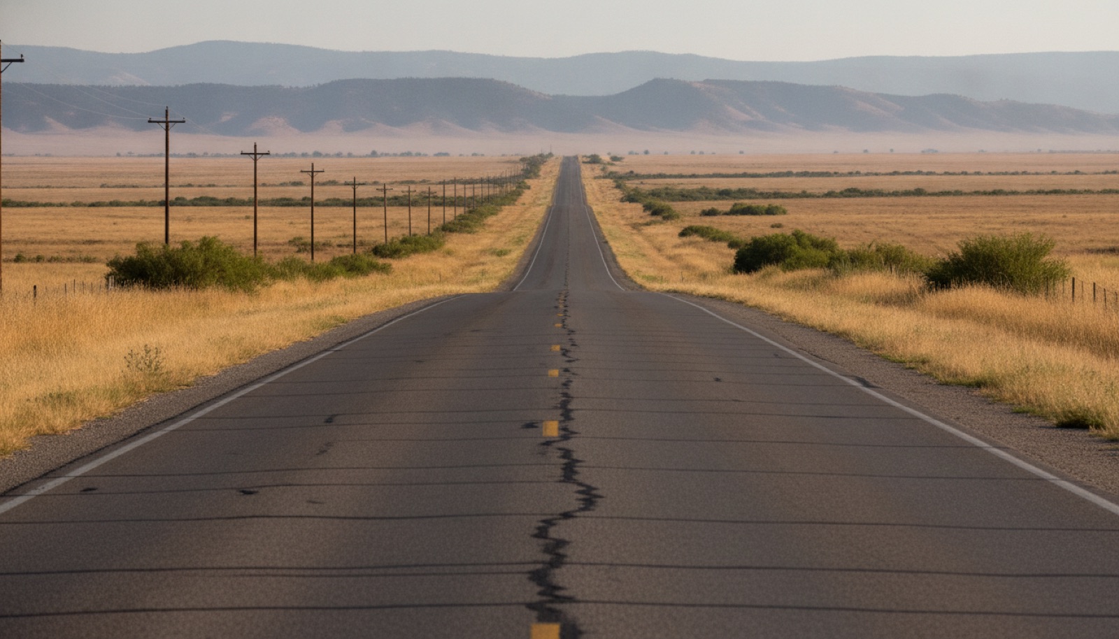 A two-lane rural highway stretching toward distant hills under a hazy summer sky