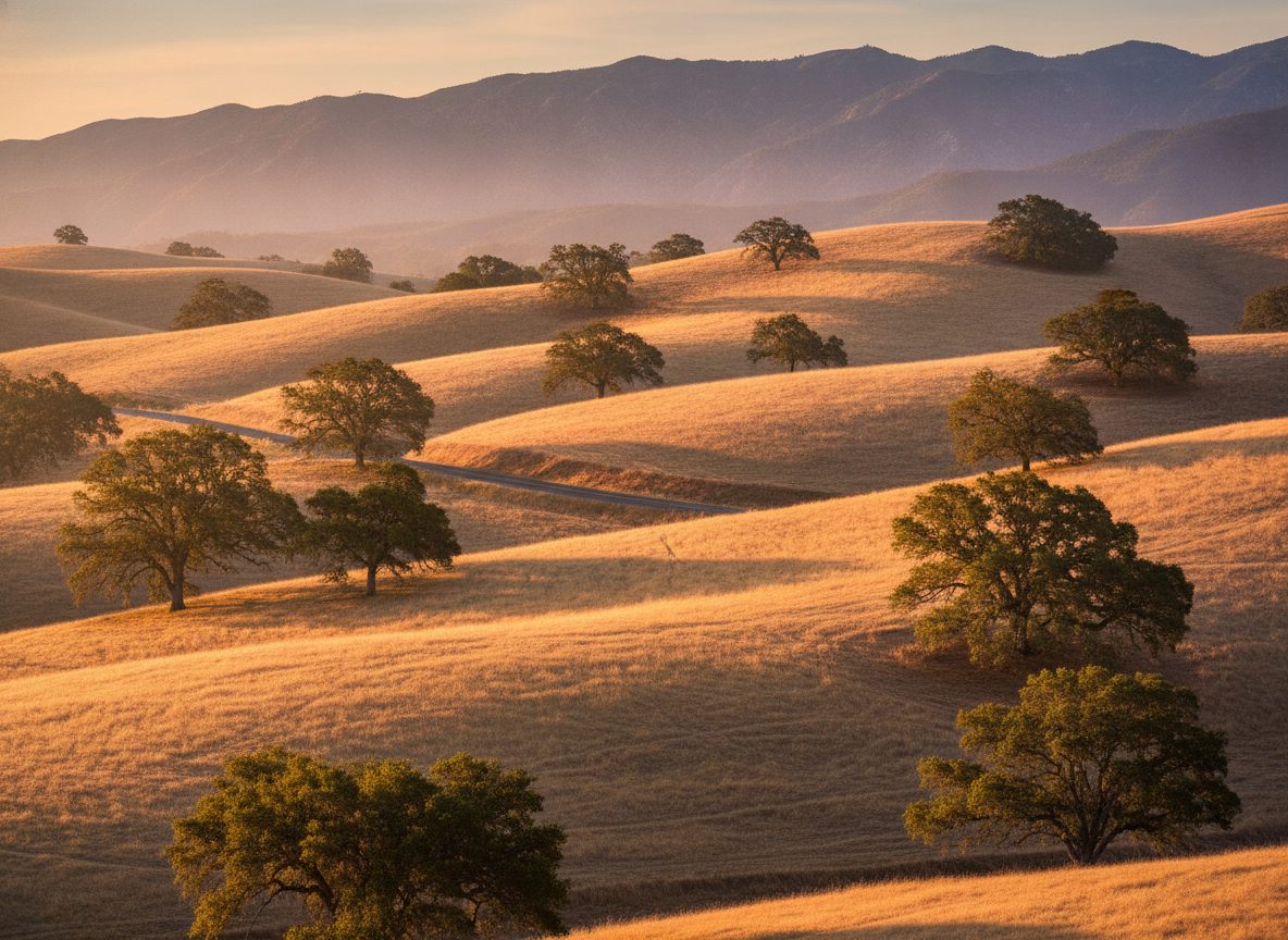 Golden rolling California hills at dawn giving way to a distant open road heading east