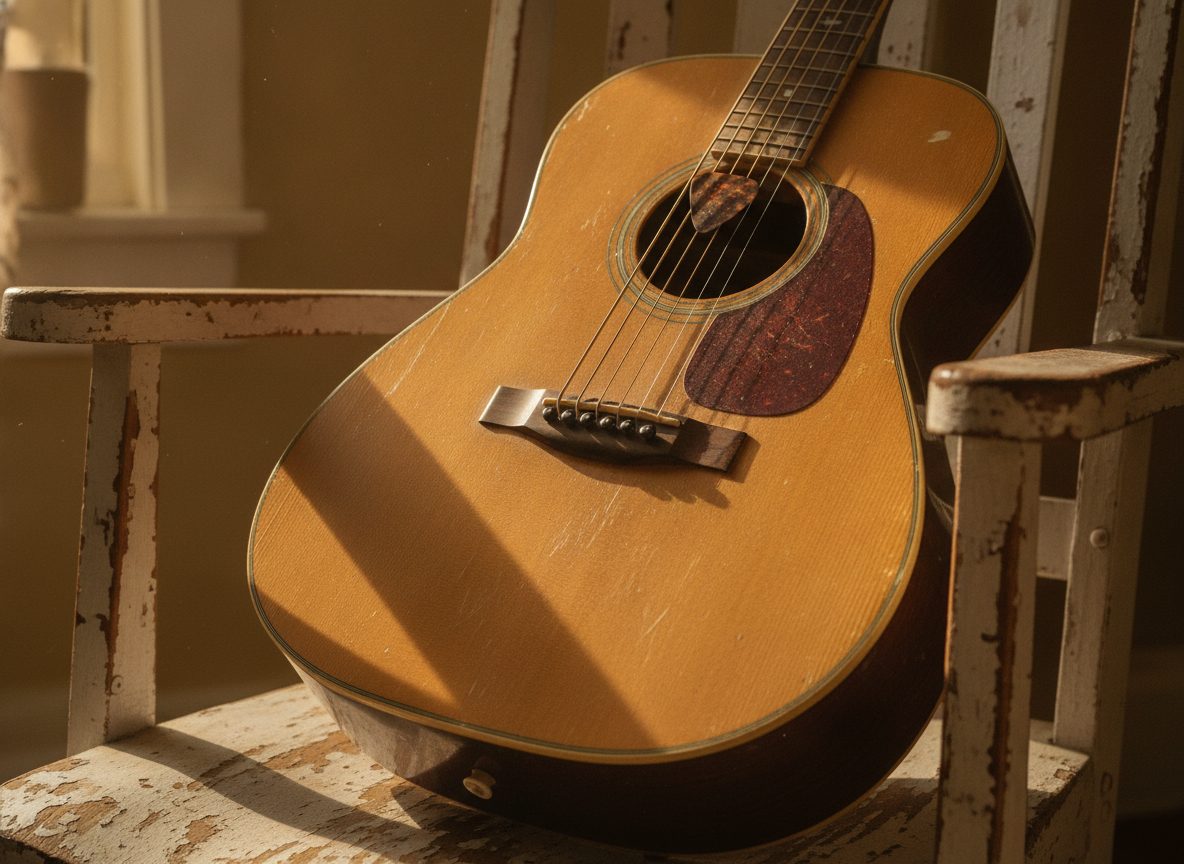 A well-worn acoustic flat-top guitar resting on a wooden chair in warm afternoon light