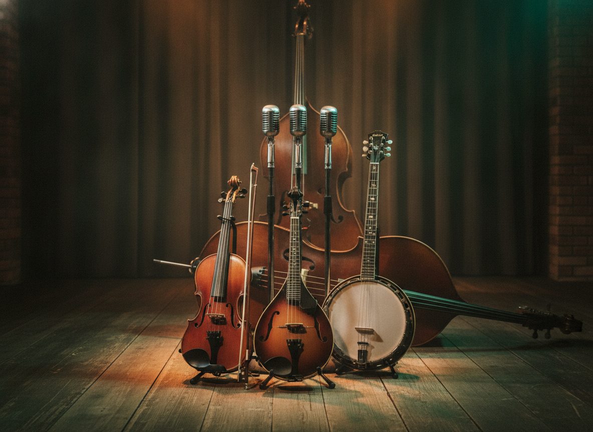 A cluster of acoustic bluegrass instruments and vintage microphones on a warmly lit wooden stage