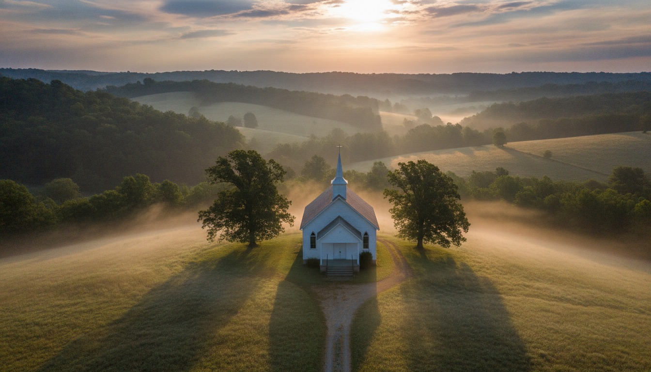 A small white clapboard country church in Kentucky hills at dawn with mist