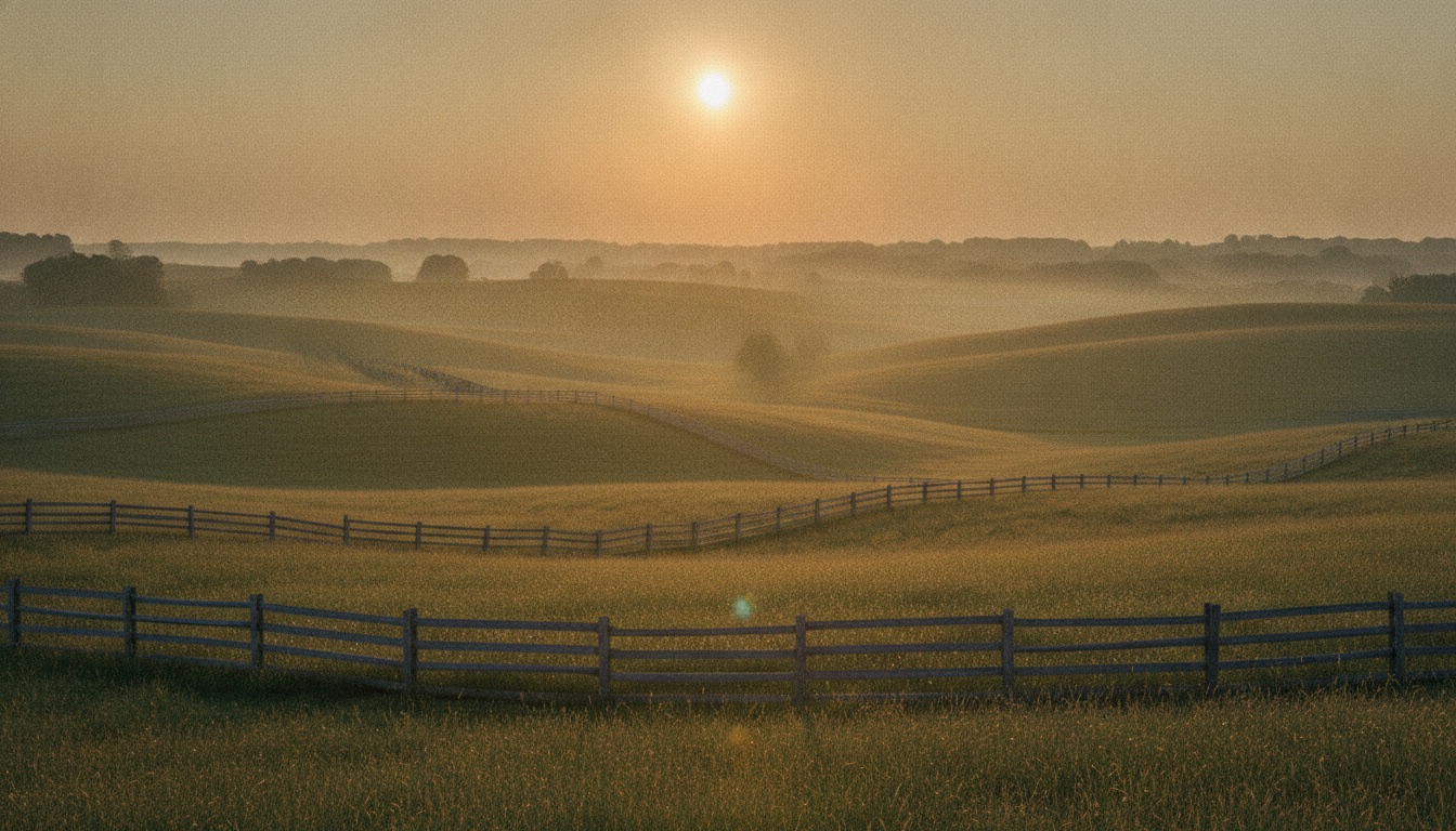 Rolling Kentucky farmland with a split-rail fence at golden hour