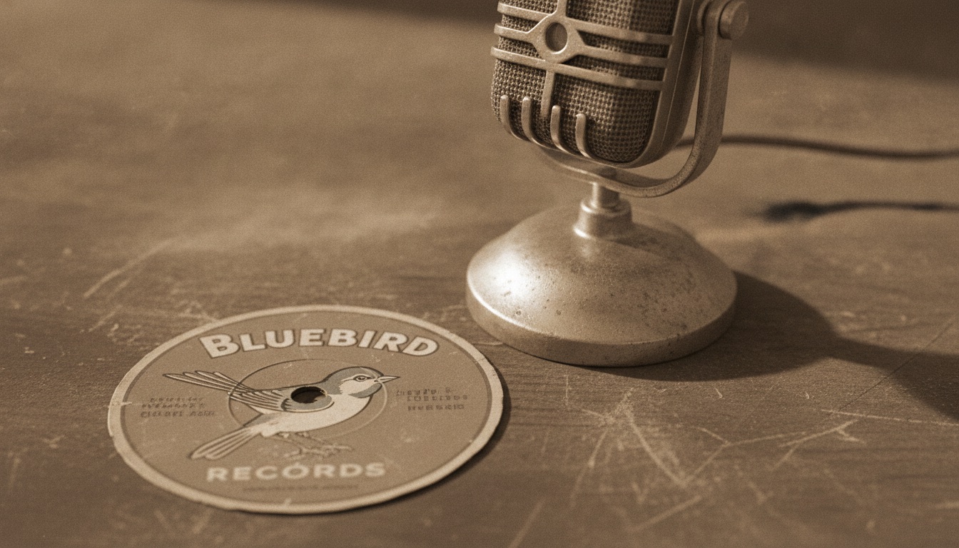 A close-up of an old 1930s radio microphone with a vintage records label nearby in warm sepia light
