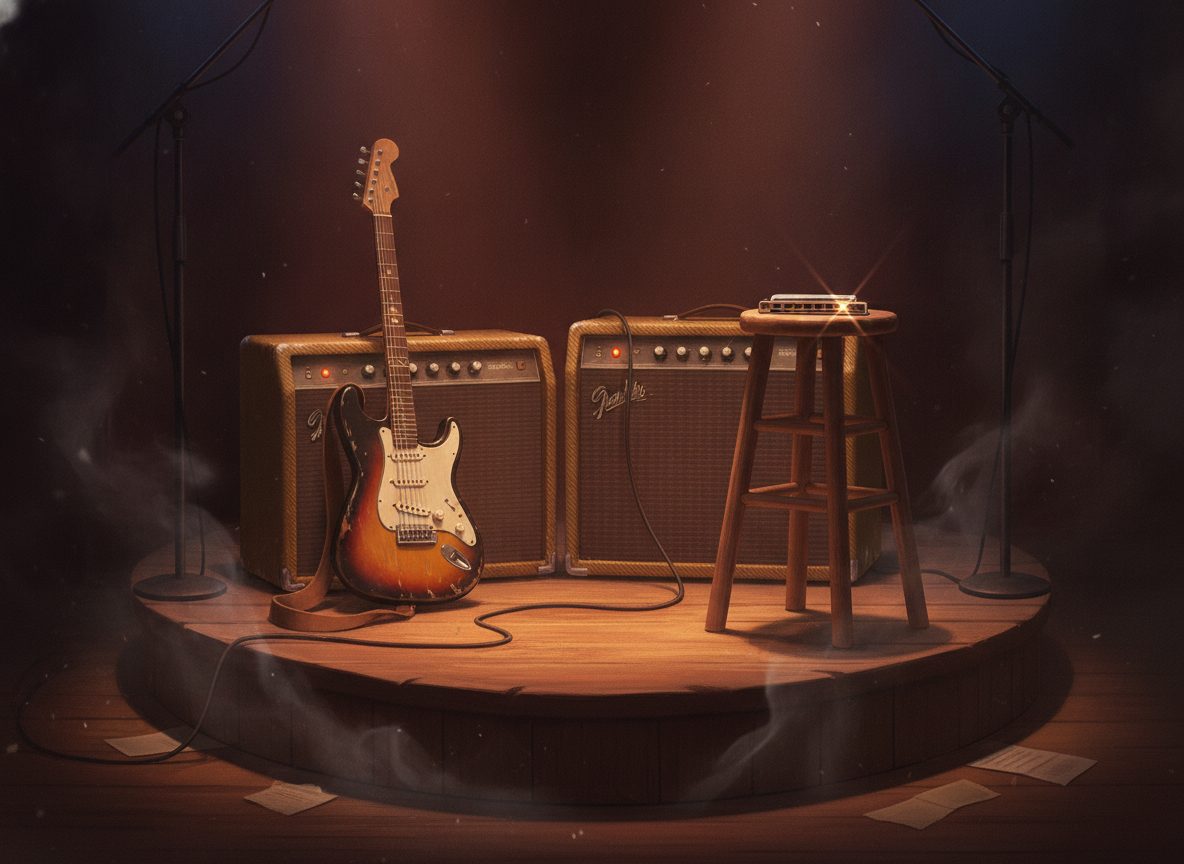 Vintage amplifiers, a harmonica, and an electric guitar resting on a small club bandstand under warm stage light