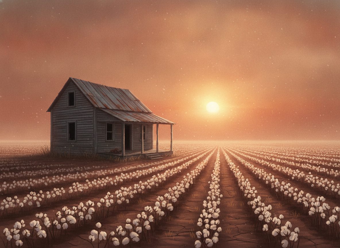 A weathered wooden sharecropper shack in a flat Mississippi cotton field under a hazy amber sky