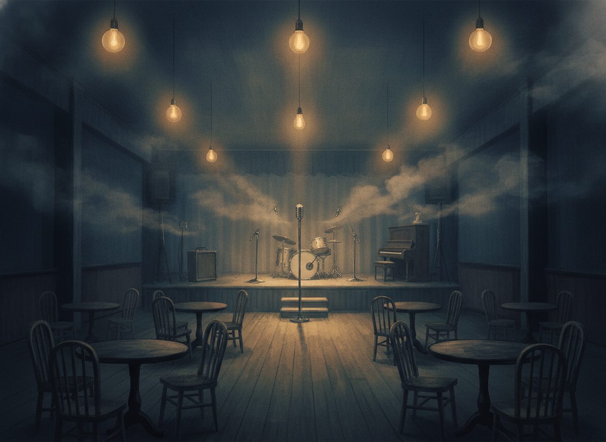 A smoky, dimly lit blues club interior lit by warm amber light, empty chairs and a small bandstand