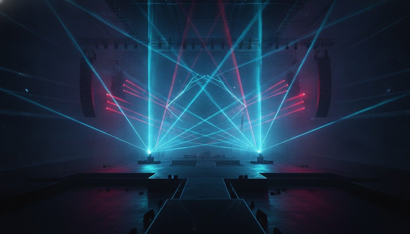 A huge empty arena stage bathed in dramatic blue and red laser light, haze and beams cutting the dark